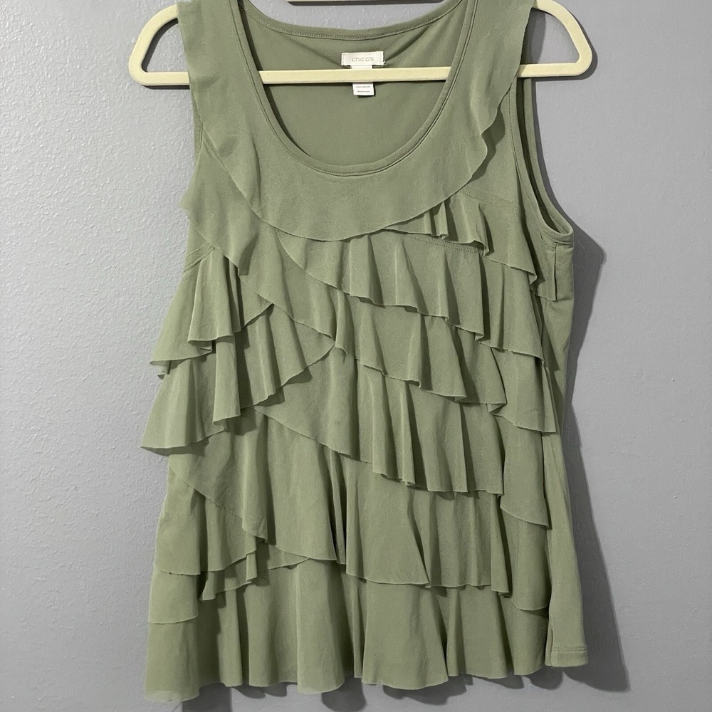 Womens Shirt Size L/XL Green Sleeveless Sheer Mesh Tiered Top Layers Ruffles Y2K